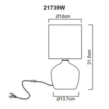 Stolní lampa, bílá keramika, bílý textil, bílý PVC kabel, kolébkový vypínač na kabelu, ø: 160mm, V: 315mm, délka kabelu 1300mm, bez žárovky 1xE14, max. 40W 230V