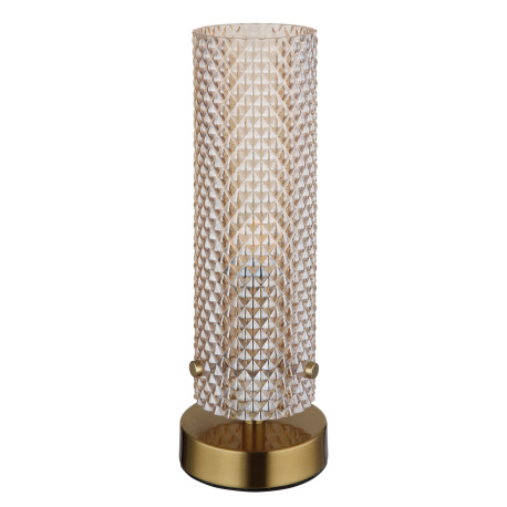 Stolní lampa, zlatý kov, jantarové sklo, černý PVC kabel, kolébkový vypínač na kabelu, ø: 100mm, V: 285mm, délka kabelu 1500mm, bez žárovky 1xE14, max. 40W 230V