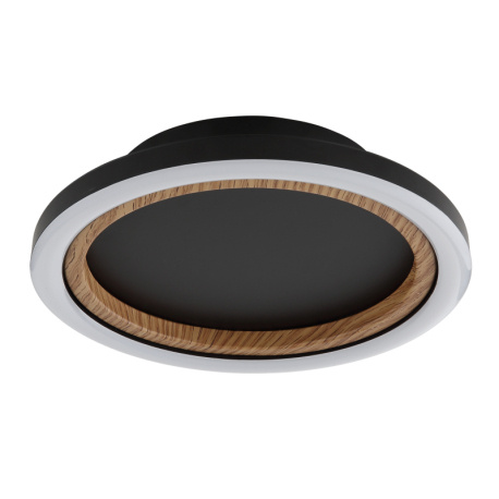 Stropní svítidlo, kov černý mat, ABS černý matný, hliník imitace tmavého dřeva, plast bílý, ø: 205mm, V: 51mm, včetně LED 12W 230V, zdroj 1430lm, výkon 490lm, 3000K