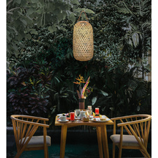 Solární svítidlo přírodní bambus, plast, vypínač, součástí balení baterie AA 600mAh 1,2V, IP44, lucerna na zavěšení nebo postavení, Ø225mm, V:565mm, vč. LED 0,06W 3V, 1800K