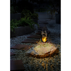 Solární svítidlo, kov černý matný, stříbrná patina, kov zlaté barvy, imitace praskání jantarového skla, vypínač, součástí balení dobíjecí baterie AAA 200mAh 1,2V, IP44, DxŠxV:140x70x300mm, včetně LED 0,06W 3,2V, 3000K