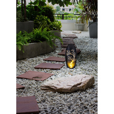 Solární svítidlo, kov černý matný, stříbrná patina, kov zlaté barvy, imitace praskání jantarového skla, vypínač, součástí balení dobíjecí baterie AAA 200mAh 1,2V, IP44, DxŠxV:140x70x300mm, včetně LED 0,06W 3,2V, 3000K