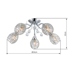 Stropní svítidlo, kov, chrom, chromové opletení, skleněné křišťály, akrylové křišťály průhledné, Ø54cm, V:22cm, bez žárovek 5xE14, max. 40W 230V.
