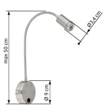 Nástěnné svítidlo, kov nikl, plast černý, Flexo, vypínač, ŠxV: 9x50cm, H:35cm, včetně 1xLED 3W 230V, 180lm výstup, 3000K