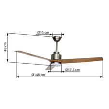 Stropní ventilátor, kov tmavě šedý/světle šedý, plast bílý/imitace dřeva, stmívatelný, více úrovní nástěnným vypínačem, paměť, časovač, dálkové ovládání, 25m², ø: 1480mm V: 480mm, LED 20W 230V, zdroj 1800lm, výkon 1600lm, CCT2700-6500K