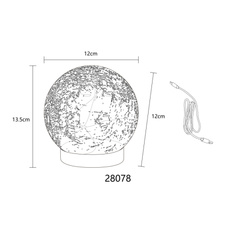 Dekorativní svítidlo, plast stříbrný matný, skleněná koule čirá s efektem prasklého skla, posuvný vypínač, bez adaptéru, USB-A 2.0 - USB-C, včetně baterie 14500 600mAh 3,7V, IP44, ø: 120mm, V: 135mm, délka kabelu 800mm, LED 0,06W 230V, 3000K