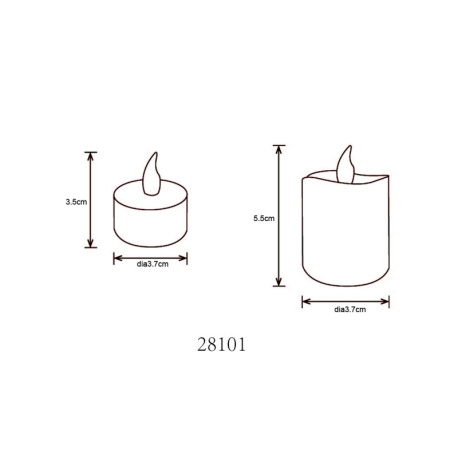Dekorativní lampa, bílý plast/satén, vypínač, efekt ohně, včetně baterie 1xCR2032 210mAh, sada 16 ks s 10 malými a 6 velkými svíčkami, cca 100 hodin svícení. , ø: 37mm, výška 3,5cm/5,5cm, LED 0,02W 3V, zdroj 4lm, výkon 3lm, 2300K.