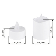 Dekorativní lampa, bílý plast/satén, vypínač, efekt ohně, včetně baterie 1xCR2032 210mAh, sada 16 ks s 10 malými a 6 velkými svíčkami, cca 100 hodin svícení. , ø: 37mm, výška 3,5cm/5,5cm, LED 0,02W 3V, zdroj 4lm, výkon 3lm, 2300K.