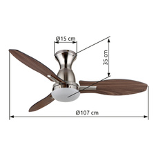 Stropní ventilátor, kov nikl, plast imitace dřeva, více rychlostí nástěnným vypínačem, paměťová funkce, časovač, dálkové ovládání, 25m², otáčení ve 2 směrech, ø: 1070mm, V: 325mm, LED 22W 230V, zdroj 2890lm, výkon 2453lm, CCT3000/4500/6000K