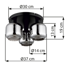 Stropní svítidlo, černý matný kov, kouřové sklo, bílé, ø: 370mm, V: 190mm, bez žárovek 3xE27, max. 25W 230V