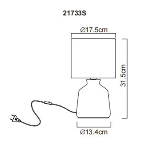 Stolní lampa, černá keramika, černý textil, černý PVC kabel, kolébkový vypínač na kabelu, ø: 175mm, V: 315mm, délka kabelu 1300mm, bez žárovky 1xE14, max. 40W 230V
