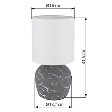 Stolní lampa, keramika šedá, textil bílý, PVC kabel bílý, kolébkový vypínač na kabelu, ø: 160mm, V: 315mm, délka kabelu 1300mm, bez žárovky 1xE14, max. 40W 230V