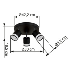 Stropní svítidlo, kov černý matný, plast bílý, ø: 300mm, V: 185mm, včetně žárovek 3xGX53 LED 7W 230V, zdroj 600lm, výkon 364lm, 3000K, včetně LED žárovky 10161.