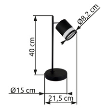 Stolní lampa, černý matný kov, bílý plast, černý PVC kabel, kolébkový vypínač na kabelu, DxŠxV: 127x150x400mm, délka kabelu 1500mm, včetně žárovky 1xGX53 LED 7W 230V, zdroj 600lm, výkon 364lm, 3000K, včetně LED žárovky 10161