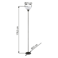 Stojací lampa, kov titanový mat, plast bílý, černý PVC kabel, kolébkový vypínač na kabelu, ø: 250mm, V: 1785mm, délka kabelu 2800mm, bez žárovky 1xE27, max. 60W 230V