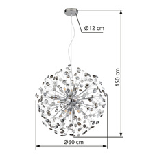 Závěsné svítidlo, kov chrom, křišťály K9, kouřové, čiré, průhledný PVC kabel, výškově nastavitelné, ø: 600 mm, V: 1500 mm, včetně 9xG9 LED žárovek, max. 3,5W 230 V, zdroj 350 lm, výkon 350 lm, 3000K, včetně LED žárovek 10676