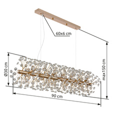 Závěsné svítidlo, zlatý kov, čiré křišťály K9, PVC kabel transparentní, výškově nastavitelné, DxŠxV: 900x300x1500mm, včetně 12xLED žárovky G9, max. 3,5W 230V, zdroj 350lm, výkon 350lm, 3000K, včetně LED žárovek 10676