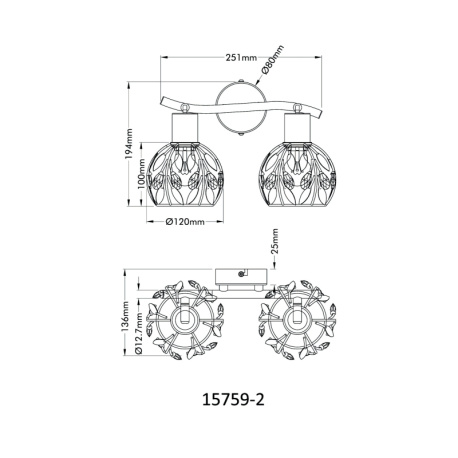 Nástěnné svítidlo, zlatý a černý kov, černá patina, čiré akrylové krystaly, DxŠxV: 250x120x155mm, bez žárovek 2xE14, max. 25W 230V