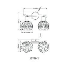 Nástěnné svítidlo, zlatý a černý kov, černá patina, čiré akrylové krystaly, DxŠxV: 250x120x155mm, bez žárovek 2xE14, max. 25W 230V
