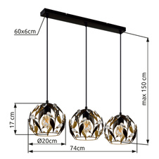 Závěsné svítidlo, černý matný kov, zlatý kov, černá patina, čiré akrylové krystaly, černý PVC kabel, DxŠxVxH: 740x200x1500mm, bez žárovek 3xE27, max. 40W 230V