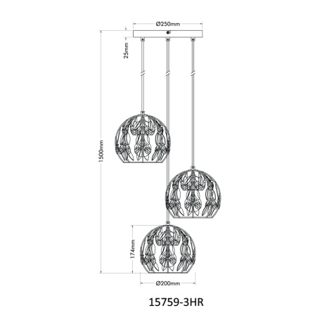Závěsné svítidlo, černý matný kov, zlatý kov, černá patina, čiré akrylové krystaly, černý PVC kabel, ø: 410mm, V: 1500mm, bez žárovek 3xE27, max. 40W 230V