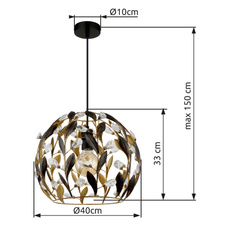 Závěsné svítidlo, černý matný kov, zlatý kov, černá patina, čiré akrylové krystaly, černý PVC kabel, ø: 400mm, V: 1500mm, bez žárovky 1xE27, max. 40W 230V