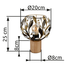 Stolní lampa, hnědé dřevo, zlatý kov, černá patina, čiré akrylové krystaly, černý PVC kabel, kolébkový vypínač na kabelu, ø: 200mm, V: 250mm, délka kabelu 1500mm, bez žárovky 1xE27, max. 40W 230V