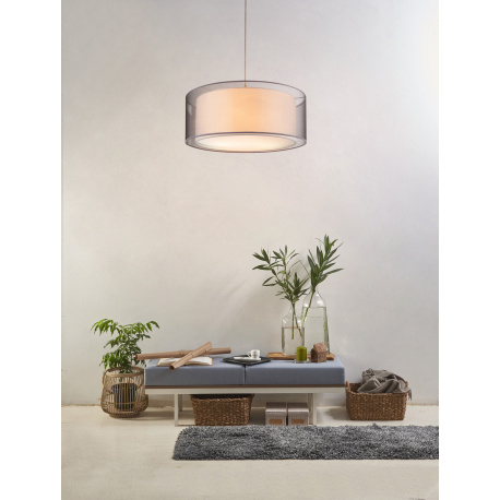 Závěsné svítidlo, kov nikl matný, plast, textil šedý, satinovaný akryl, výška stínidla 23 cm, ø 530, V:1400, bez žárovek 3xE27, max. 60W 230V.
