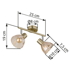 Nástěnné svítidlo, kovová mosaz matná, chrom, jantarové sklo, saténový povrch, otočné, DxŠxV: 250x130x190mm, bez žárovek 2xE14, max. 40W 230V