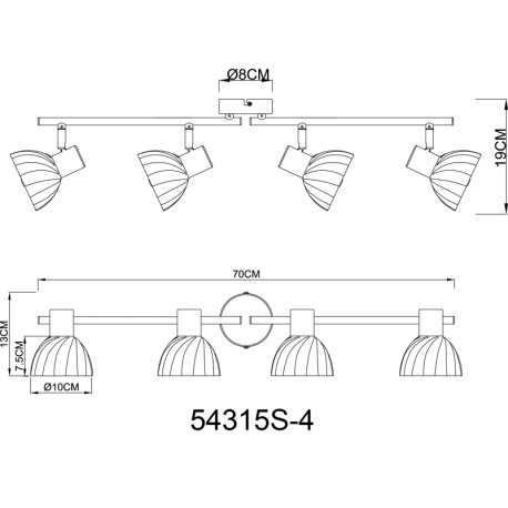 Stropní svítidlo, černý matný kov, chrom, kouřové sklo, saténový povrch, pohyblivé, DxŠxV: 700x130x190mm, bez žárovek 4xE14, max. 40W 230V