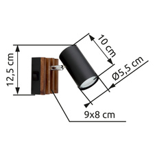 Nástěnné svítidlo, černý matný kov, tmavě hnědé dřevo, kolébkový vypínač na výrobku, otočné, ŠxV: 80x100mm, V: 125mm, bez žárovky 1xGU10, max. 25W 230V