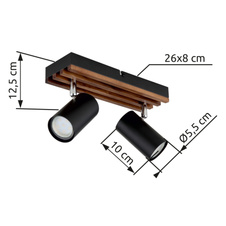 Nástěnné svítidlo, černý matný kov, tmavě hnědé dřevo, otočné, DxŠxV: 260x80x125mm, V: 125mm, bez žárovek 2xGU10, max. 25W 230V