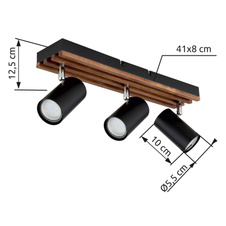 Stropní svítidlo, černý matný kov, tmavě hnědé dřevo, otočné, DxŠxV: 410x80x125mm, V: 125mm, bez žárovek 3x GU10 25W 230V