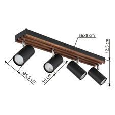 Stropní svítidlo kov černý mat, dřevo tmavě hnědé, otočné, DxŠxV: 560x80x125mm, V: 125mm, bez žárovek 4x GU10 25W 230V