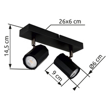 Nástěnné svítidlo, kov černý, hliník černý, DxŠxV: 260x60x145mm, bez žárovek 2xGU10, max. 25W 230V