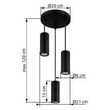 Závěsné svítidlo, kov černý matný, hliník černý matný, kabel PVC černý, výška lze zkrátit, ø: 210mm, V: 1200mm, bez žárovek 3x GU10, max. 25W 230V