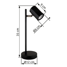 Stolní lampa, kov černý mat, hliník černý mat, kabel PVC černý, kolébkový vypínač na kabelu, DxŠxV: 165x120x350mm, délka kabelu 1500mm, bez žárovky 1xGU10, max. LED 5W 230V
