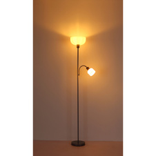 Stojací lampa, stříbrný kov, saténový plast, tlačítkový vypínač, flexo, ø: 260mm, V: 1787mm, kabel 1800mm, sklo reflektoru 260mm, a čtení 110mm, výška 90mm, bez žárovky 1xE27, max. 60W 230V, bez žárovky 1xE14, max. 40W 230V.