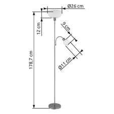 Stojací lampa, stříbrný kov, saténový plast, tlačítkový vypínač, flexo, ø: 260mm, V: 1787mm, kabel 1800mm, sklo reflektoru 260mm, a čtení 110mm, výška 90mm, bez žárovky 1xE27, max. 60W 230V, bez žárovky 1xE14, max. 40W 230V.