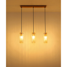 Závěsné svítidlo, zlatý kov, jantarové sklo, černý textilní kabel, výškově nastavitelné, DxŠxV: 650x80x1200mm, bez žárovek 3xE14, max. 40W 230V