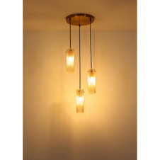 Závěsné svítidlo, kov zlatý, sklo jantarové, textilní kabel černý, výškově nastavitelné, ø: 350mm, V: 1200mm, bez žárovek 3xE14, max. 40W 230V