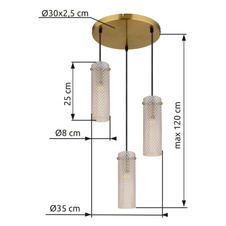 Závěsné svítidlo, kov zlatý, sklo jantarové, textilní kabel černý, výškově nastavitelné, ø: 350mm, V: 1200mm, bez žárovek 3xE14, max. 40W 230V