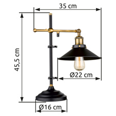 Stolní lampa, černé, stará mosaz, nastavitelné, vypínač, DxŠxV: 35x22x46cm, bez žárovky 1xE27, max. 60W 230V.