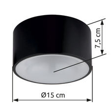 Stropní svítidlo, plast černý matný, plast bílý, ø: 150mm, H: 75mm, včetně LED 12W 230V, zdroj 1200lm, výkon 900lm, 3000K