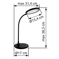 Stolní lampa, plast černý/bílý, silikon černý, dotykové zapnutí/vypnutí, plynulá regulace dotykovým stmívačem, nastavení barev, paměťová funkce, noční světlo, včetně adaptéru, Flexo, DxŠxV: 314x154x383mm, LED 12W 230V 39-520lm CCT3000-5700K