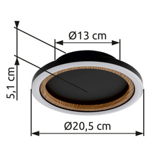 Stropní svítidlo, kov černý mat, ABS černý matný, hliník imitace tmavého dřeva, plast bílý, ø: 205mm, V: 51mm, včetně LED 12W 230V, zdroj 1430lm, výkon 490lm, 3000K