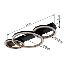 Stropní svítidlo, kov černý mat, ABS černý mat, hliník imitace tmavého dřeva, plast bílý, DxŠxV: 580x300x70mm, ø kruhů: 2x 205mm, 1x 300mm, včetně LED 40W 230V, zdroj 4750lm, výkon 1370lm, 3000K