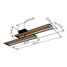 Stropní svítidlo, kov černý mat, ABS černý mat, hliník imitace tmavého dřeva, plast bílý, DxŠxV: 900x210x100mm, včetně LED 30W 230V, zdroj 3720lm, výkon 1540lm, 3000K