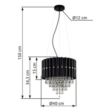 Závěsné svítidlo, černý kov, kouřové krystaly K5, čiré, černý PVC kabel, ø: 400mm, V: 1500mm, bez žárovek 3xE27, max. 40W 230V