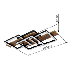 Stropní svítidlo, kov černý matný, MDF vzhled tmavého dřeva, černý matný plast, bílý plast, DxŠxV: 580x330x85mm, čtverce: 220x220mm, včetně LED 24W 230V, zdroj 2500lm, výkon 1300lm, 3000K